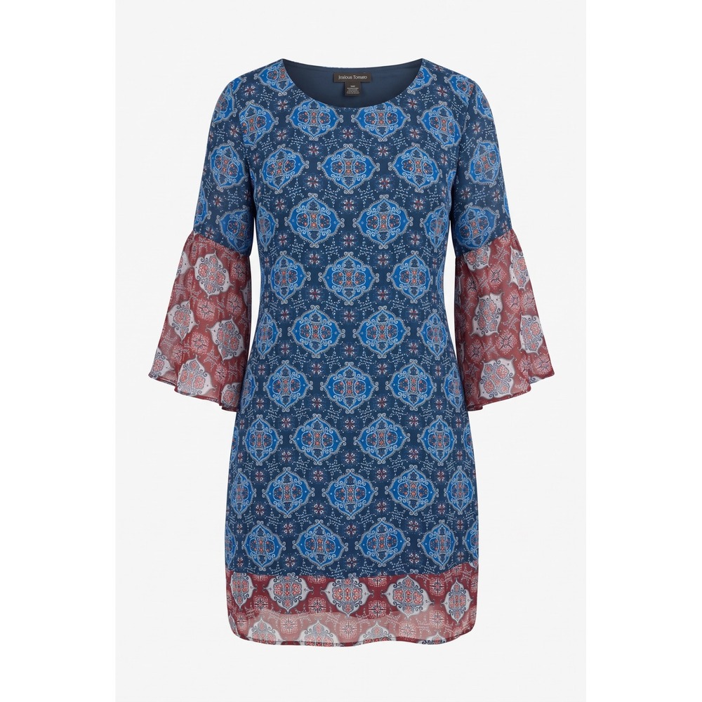Jealous Tomato Blue Paisley Medallion Tiered Bell Sleeve Shift Dress JD2865 L